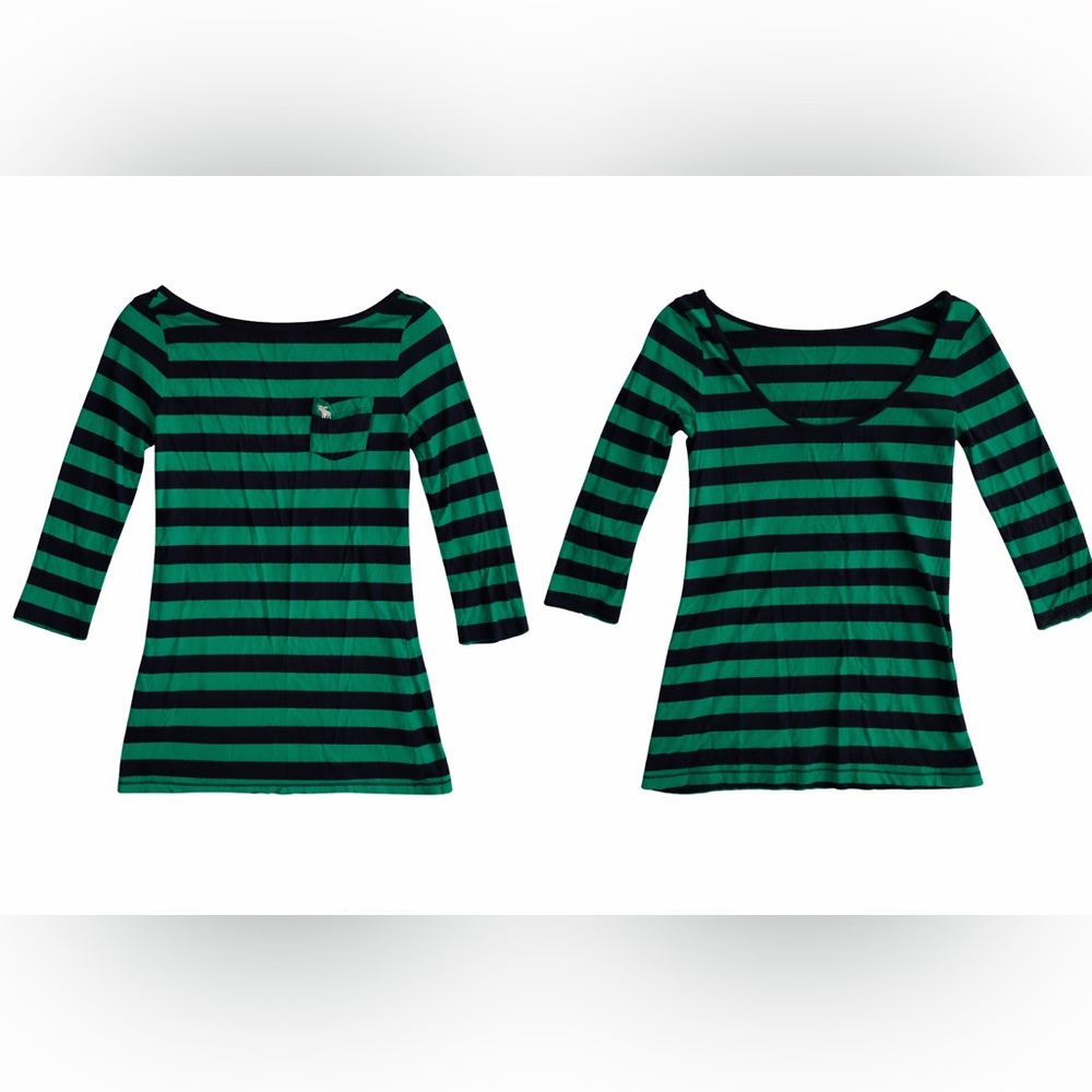 Abercrombie & Fitch Y2K Vintage Green Navy Striped 3/4 Sleeve Top Preppy Pocket